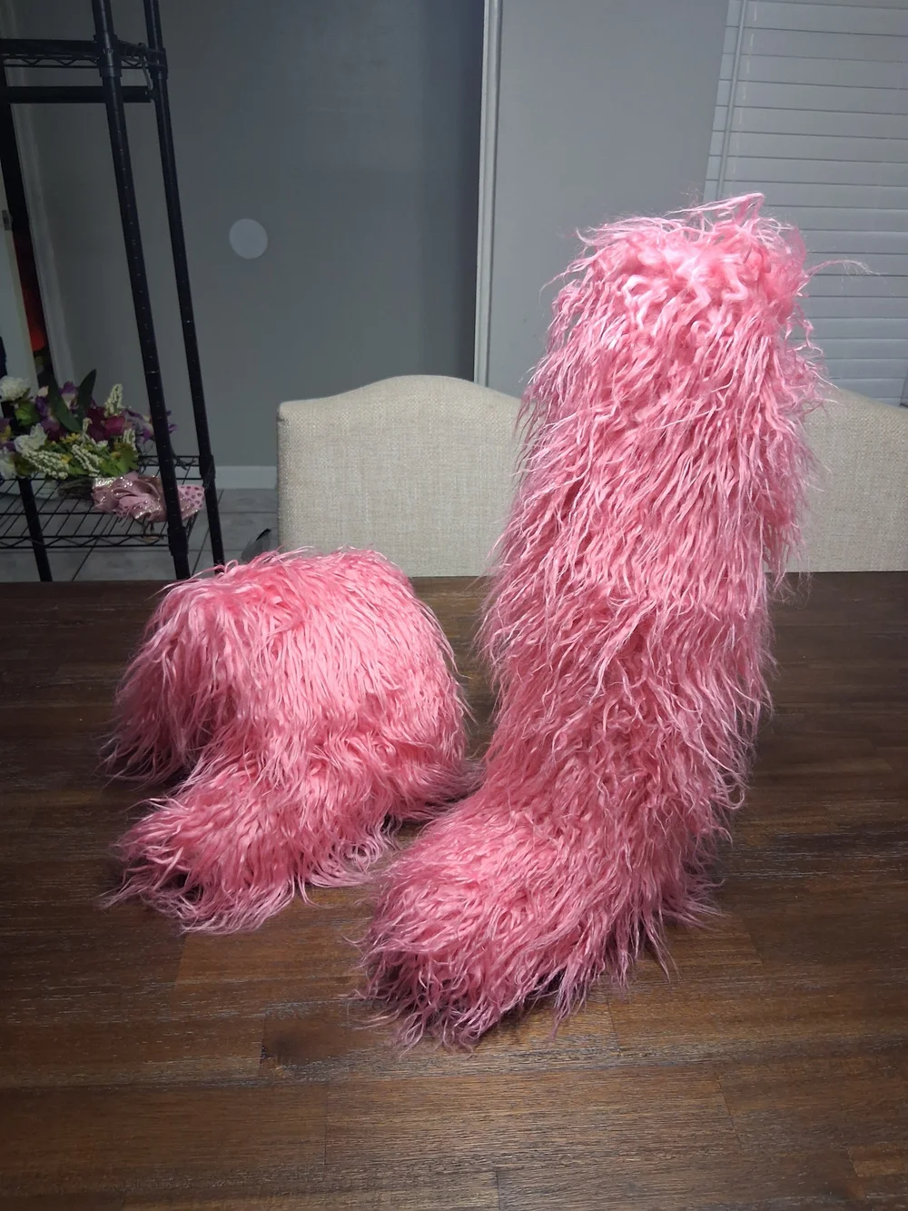 Pink Faux Fur Knee-High Boots
